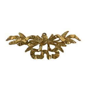 Gold Tone Leaf Bow Ribbon Brooch Pin Textured Vintage Accessory